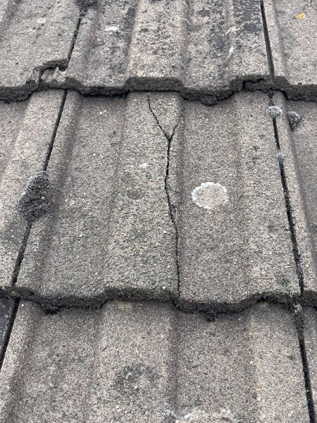 Close-up of a concrete interlocking tile cracked from top to bottom