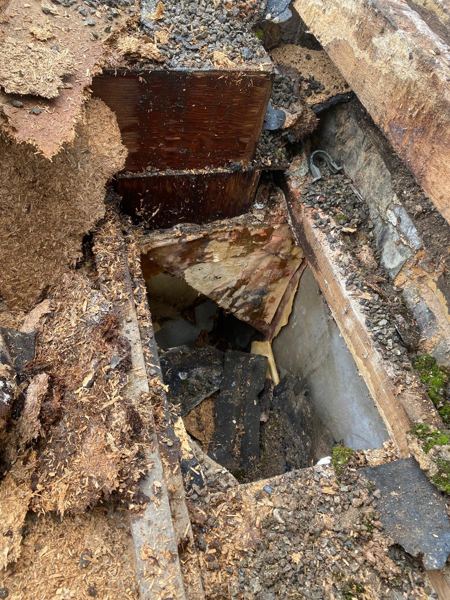 Close-up of soaked, crumbling boards and a hole through the roof