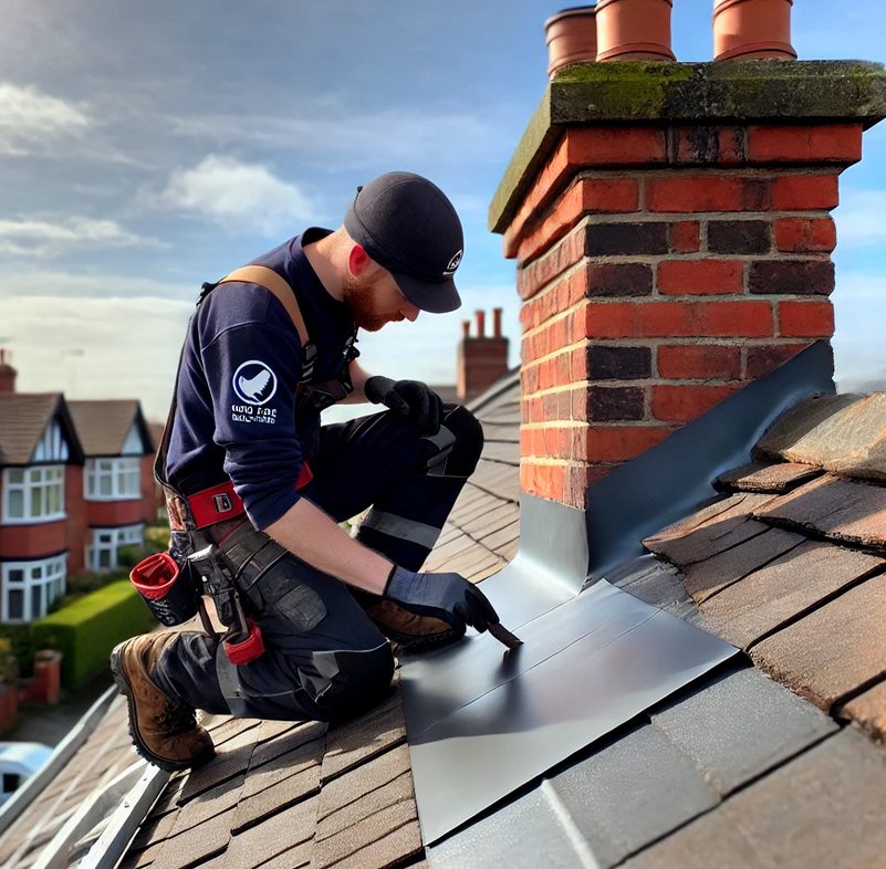 A roofer folding a new front apron down over the tiles where a stack passes through the roof slope
