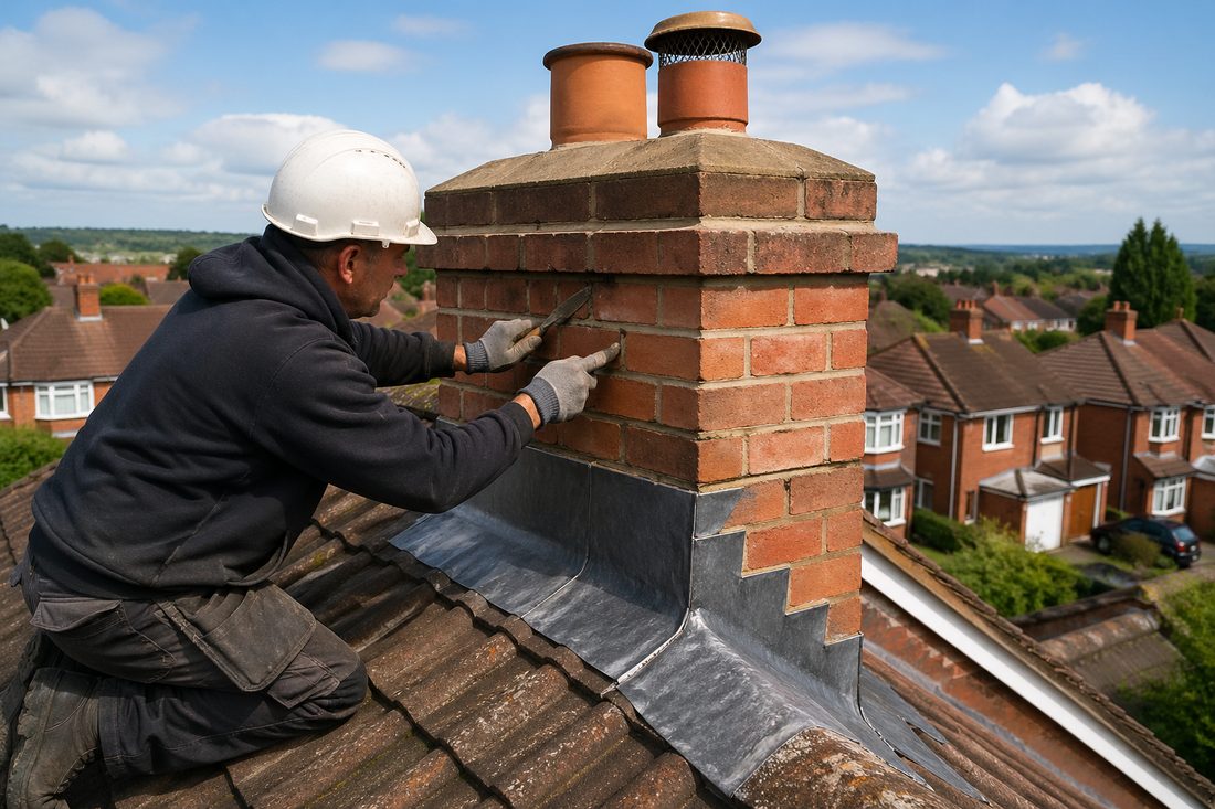 A roofer working mortar into the joints of a low stack that has already had its apron and stepped flashing renewed underneath