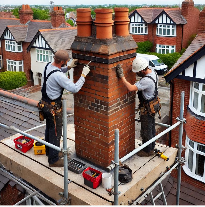 Two roofers working the upper courses of a brick stack from a boarded scaffold platform set just below the head