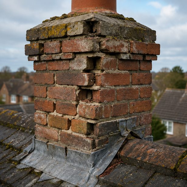 A stack at the end of its life &mdash; brick faces broken away, courses open to the weather and the lead at the base lifted clear of the wall