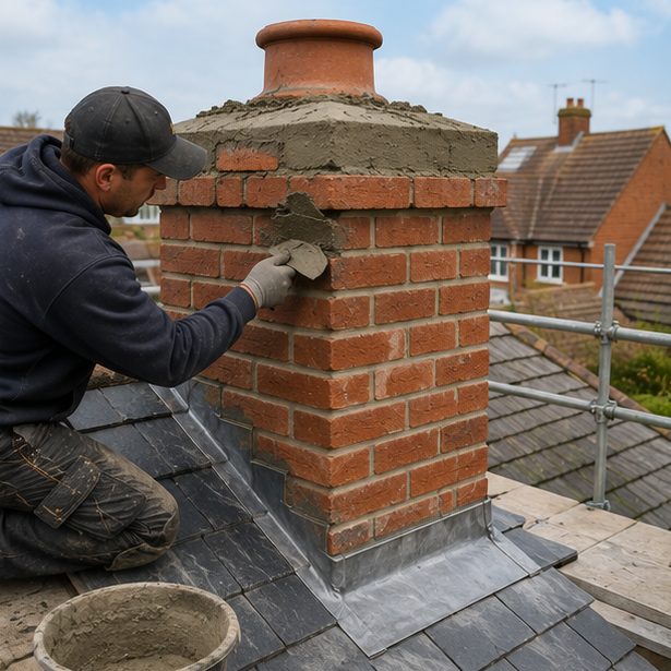 The head of a stack being finished in fresh mortar, worked round the base of the pot above
