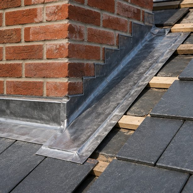 A stepped side flashing and a front apron set into the courses where a stack passes through the slope, with the covering lifted beside them