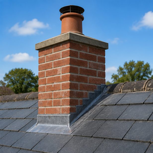 A completed stack seen against the sky, the head weathered off, a guard on the pot and the new flashing running down onto the covering