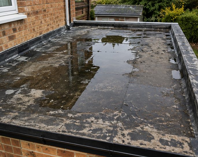 An old felt roof holding standing water, the surface breaking up around the joints