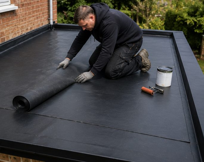Rolling an EPDM membrane out across a prepared deck, adhesive and roller to hand