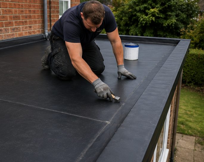Dressing the membrane down over the edge trim with a roller