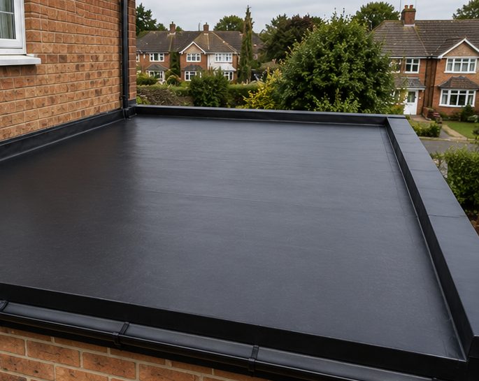A small finished flat roof with black trims along its open edges and the gutter running below the front, the house wall closing the fourth side