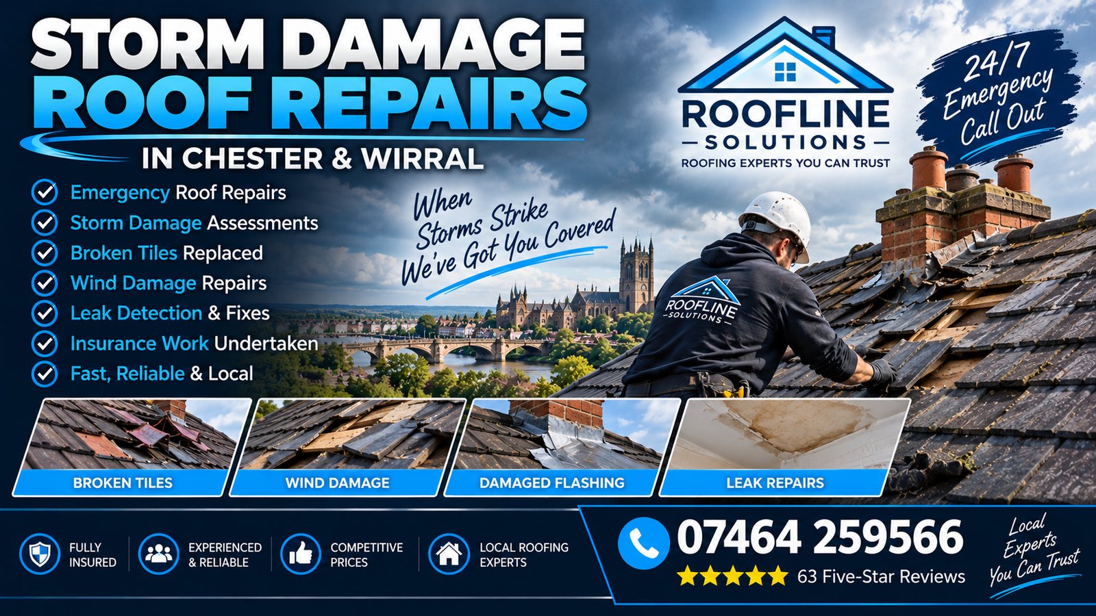 Storm damage roof repairs across Chester, Cheshire and the Wirral by Roofline Solutions