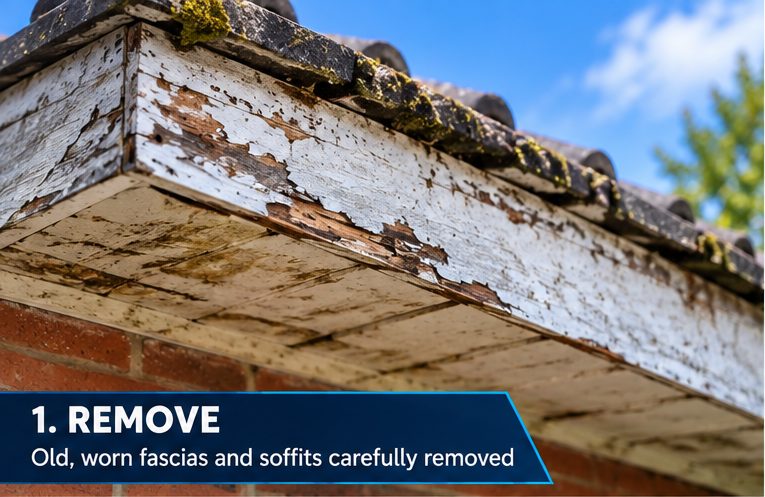 Timber fascia and soffit with the paint blistered away and bare wood showing under the roof tiles