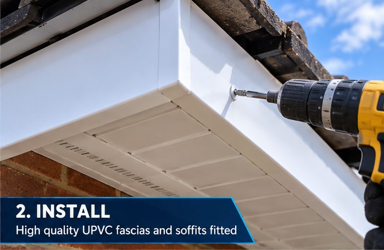 A new white UPVC fascia being fixed with a cordless drill, the vented soffit already in place underneath