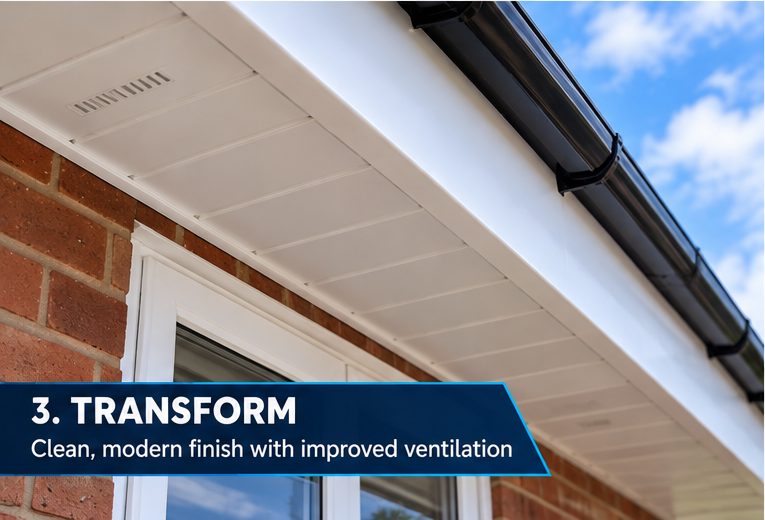 Finished white soffit with a run of eaves vents along it and black guttering above