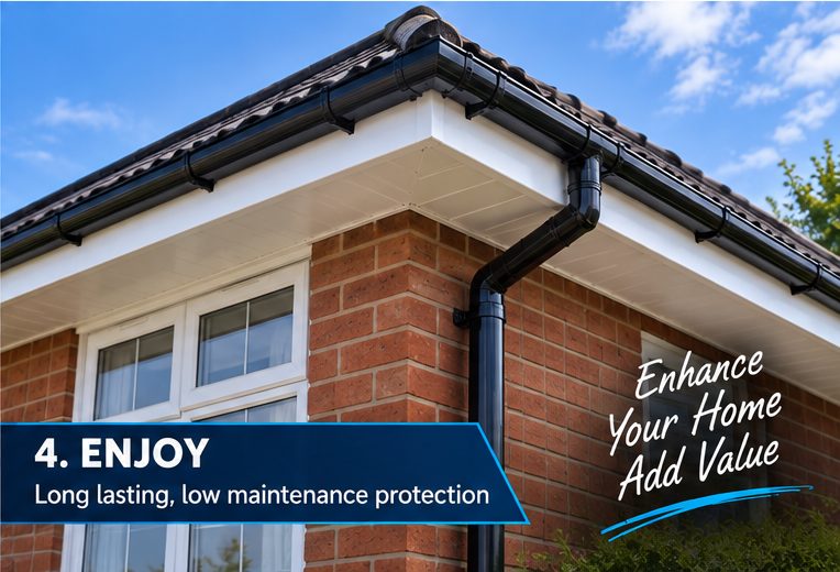 A white UPVC fascia and soffit carried around an external corner with black gutter above