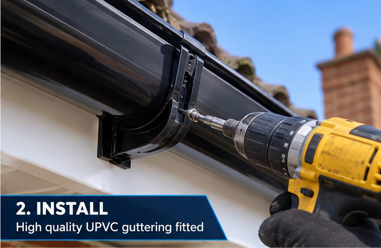 A length of black half round guttering being fixed to brackets on a freshly fitted white fascia