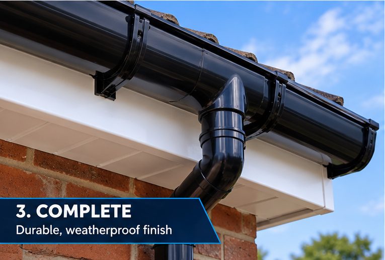 A completed black gutter outlet and downpipe against white soffit boards and red brick